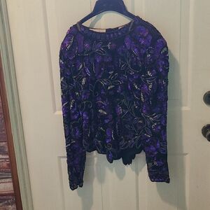 Medium Laurence Kazar of New York Black, Purple and Silver Sequin Silk Top